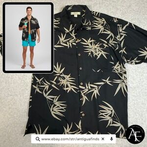 Tommy Bahama Mens XL Black Silk Bamboo Print Camp Shirt 11-T3585 Short Sleeve